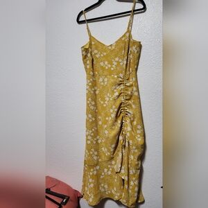 Yellow Floral Ruched Dress